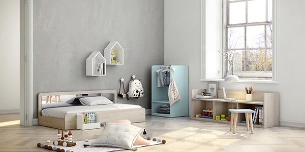 Dormitorio infantil con cama Montessori con armario de juegos