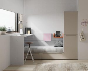 Habitación juvenil cama block con tapizados y dos estantes Arco