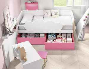 Dormitorio juvenil con cama con ángulos de madera y respaldo Mood 2021