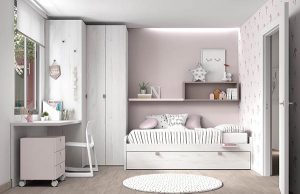 Dormitorio juvenil con cama nido, armario esquinero y un escritorio Mood 2021