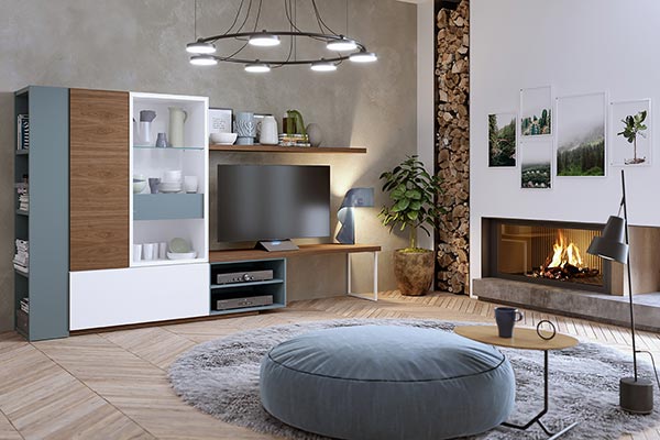 Salón con mueble de Tv modular con estante cajones y vitrina