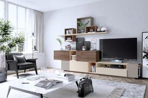 Salón con mueble de Tv modular con estante cajones y vitrina