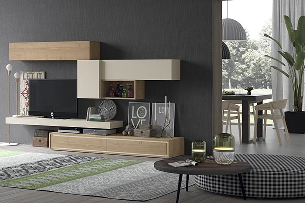 Mueble de salón con un diseño de lacados y madera natural